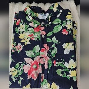 Old Navy Navy Floral Button-Front Shirt with Pink, Yellow & Green Print